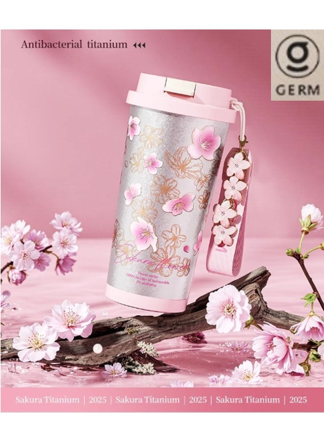 GERM Sakura – 500ml high-design pure titanium water cup, lightweight portable camping flask for outdoor adventures and travel. Dimensions with lid: 18.5 x 9.6cm, weight: 280g. Provides 12-hour thermal retention. Suitable for drinking water, tea, coffee, smoothies, or juice. Ideal as a business cup, travel companion, or gift. (Colourful) - Image 2