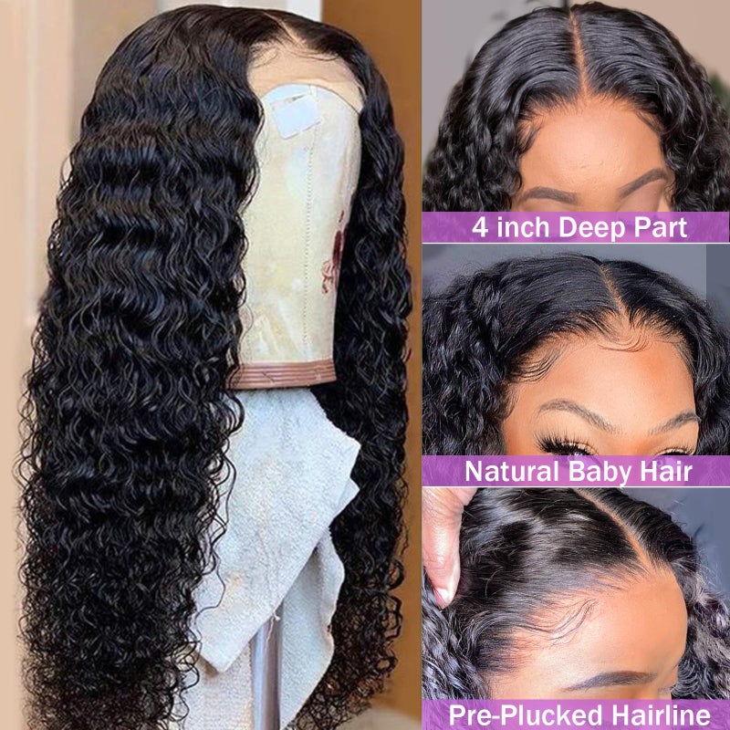 AISI Deep Wave Lace Front Wigs Human Hair 180% Density 4X4 Transparent Lace Closure Wigs for Black Women Wet and Wavy Lace Frontal Wigs Glueless Wigs Pre Plucked with Baby Hair Natural Color (18 Inch) - Image 2