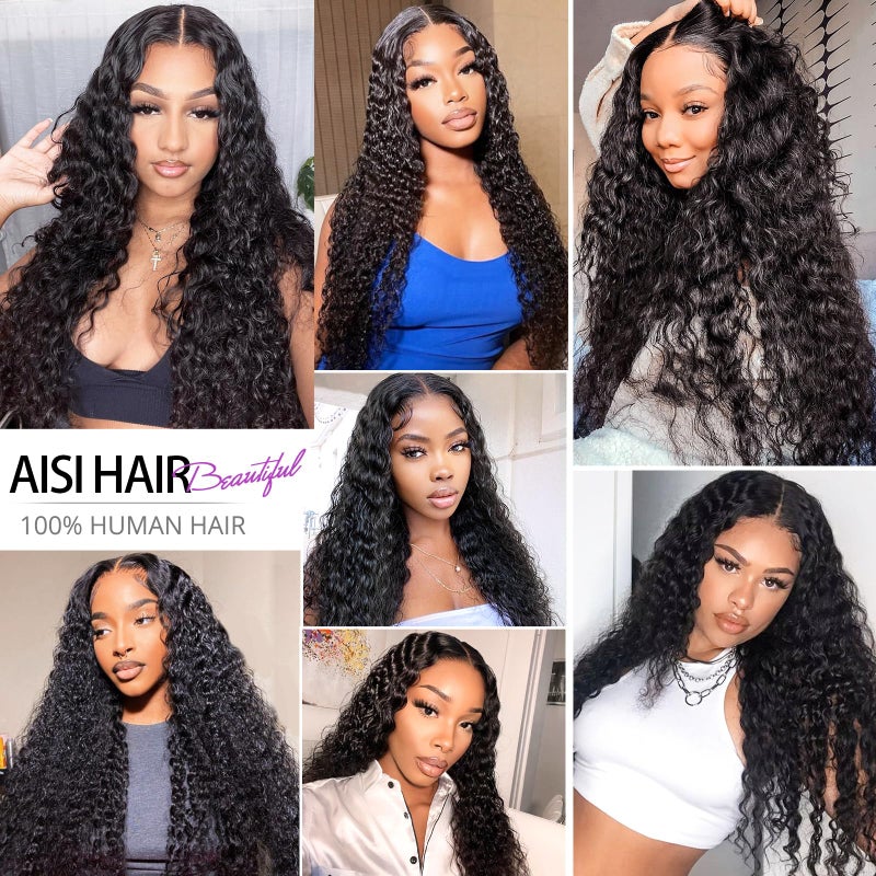 AISI Deep Wave Lace Front Wigs Human Hair 180% Density 4X4 Transparent Lace Closure Wigs for Black Women Wet and Wavy Lace Frontal Wigs Glueless Wigs Pre Plucked with Baby Hair Natural Color (18 Inch) - Image 4