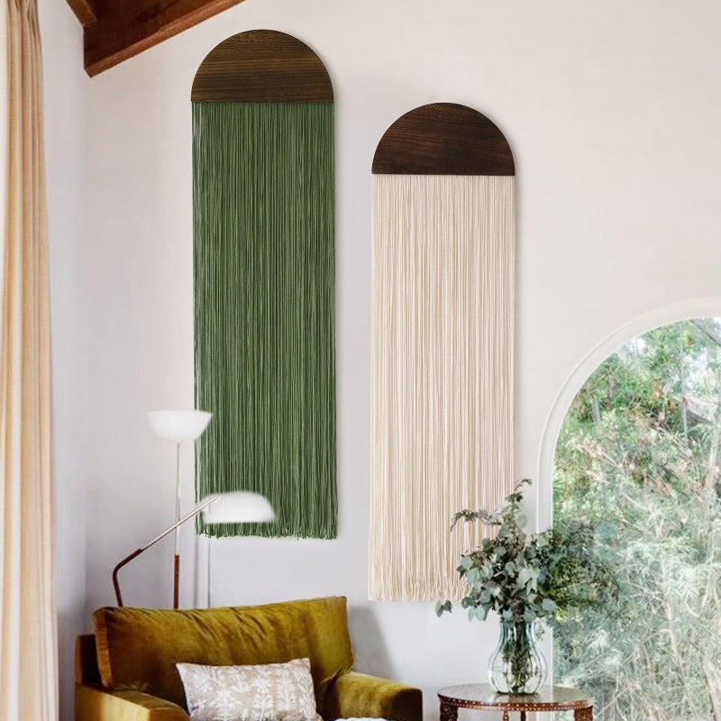 Flber 2 Pcs Macrame Wall Hanging Boho Decor Wall Tapestry Handmade Round Tassel 13.7" W x 51" L For Living Room Bedroom Headboard Decor - Image 1