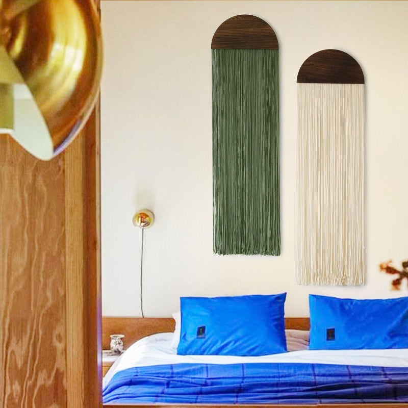 Flber 2 Pcs Macrame Wall Hanging Boho Decor Wall Tapestry Handmade Round Tassel 13.7" W x 51" L For Living Room Bedroom Headboard Decor - Image 3