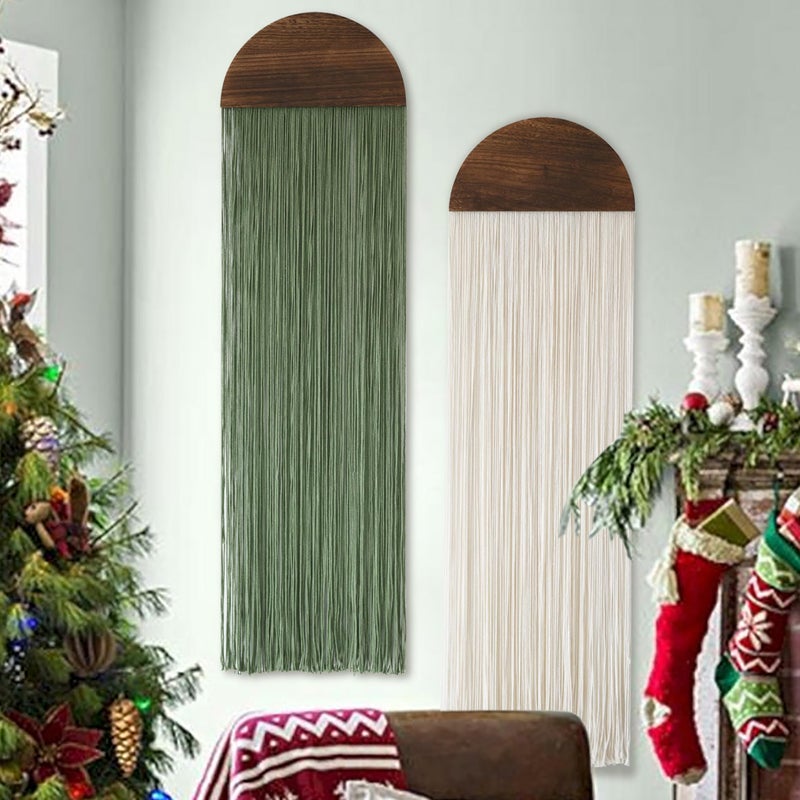 Flber 2 Pcs Macrame Wall Hanging Boho Decor Wall Tapestry Handmade Round Tassel 13.7" W x 51" L For Living Room Bedroom Headboard Decor - Image 2