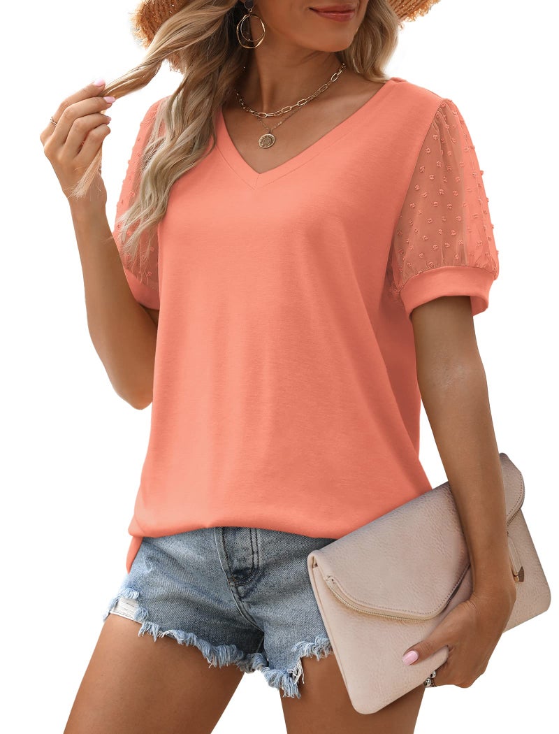 Aokosor Womens Summer Tops Swiss Dot Puff Sleeve V Neck T Shirts Cute Ladies Tops Coral XL - Image 2