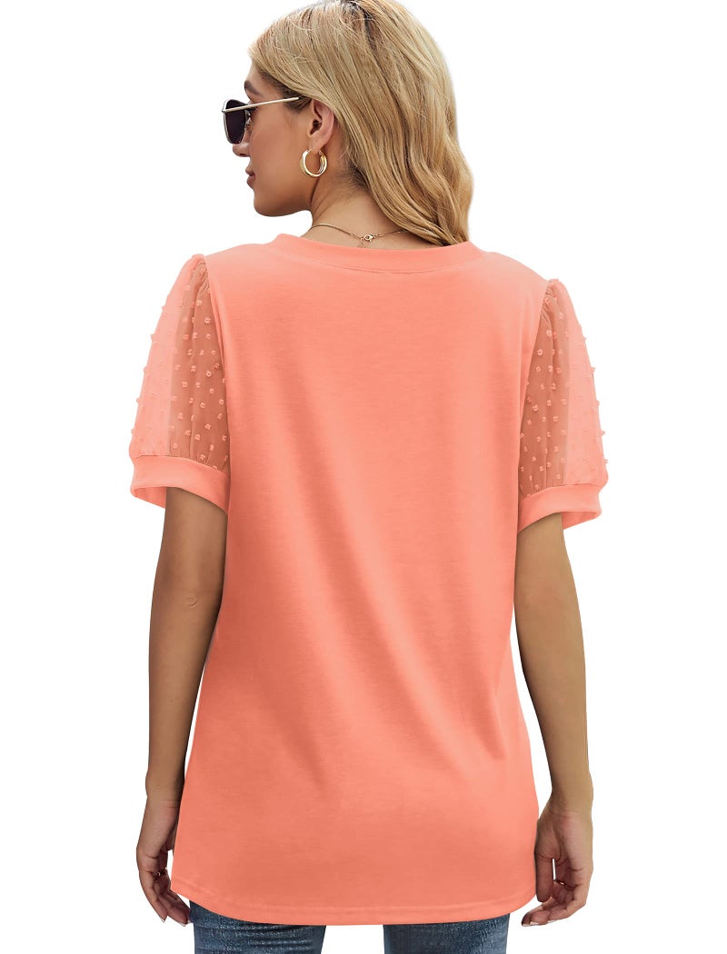 Aokosor Womens Summer Tops Swiss Dot Puff Sleeve V Neck T Shirts Cute Ladies Tops Coral XL - Image 4
