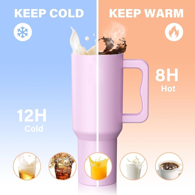 Apexx 1200ML Stainless Steel Tumbler with Handle and Straw Lid Hot and Cold Double Insulated Sipper Mug 100 Leak Proof Coffee Tumbler Cupholder for Office Gym Travelling Lavender - Image 4