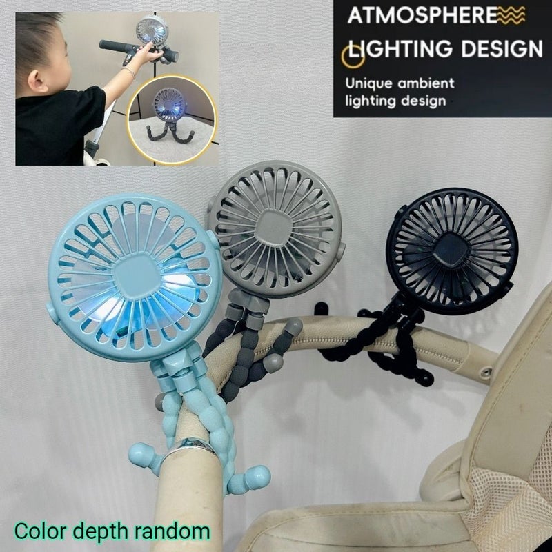 مروحة USB صغيرة محمولة ثلاثية القوائم بتصميم أخطبوط أزرق مع إضاءة ليلية LED وقاعدة تثبيت قابلة للتعديل بدون استخدام اليدين، مروحة تبريد بثلاث سرعات للاستخدام في السيارة، التخييم، السفر، المنزل، المكتب، بجانب السرير أو على المكتب. - Image 1