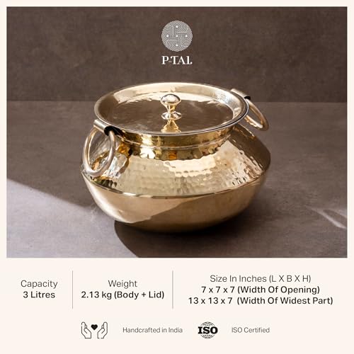 P-TAL Brass Patili with Lid and Handles for Cooking Teflon Free Degchi 3L Brass Handi for Cooking - Image 2