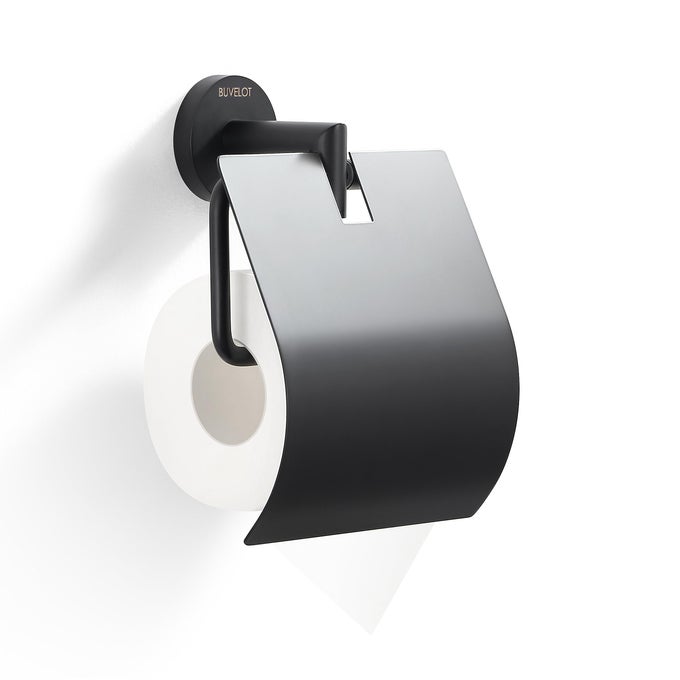 TOILET PAPER HOLDER WITH COVER MODERN TOILET ROLL HOLDER FOR BATHROOM WALL MOUNTED MATTE BLACK BRASS 077040MB LEO SERIES