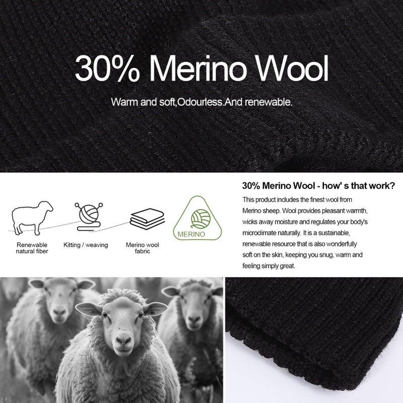ZTL Oversize M/L/XL/XXL Beanie Hats for Men 30% Merino Wool Knit Hat, Winter Hats for Women Thick Warm Lined Cold Weather Skull Cap(Black,XXL) - Image 3
