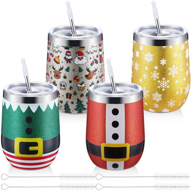 Sliner 4 Pcs Christmas Glitter Wine Tumbler 12 oz Stainless Steel Glitter Cup with Lid Straw and Brush Insulated Double Wall for Christmas Gift Friends Family