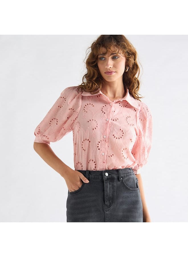 FAV All-Over Embroidered Collared Shirt with Puff Sleeves  - Image 1