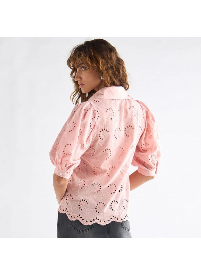 FAV All-Over Embroidered Collared Shirt with Puff Sleeves  - Image 3