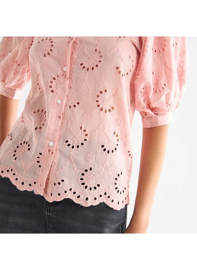 FAV All-Over Embroidered Collared Shirt with Puff Sleeves  - Image 4