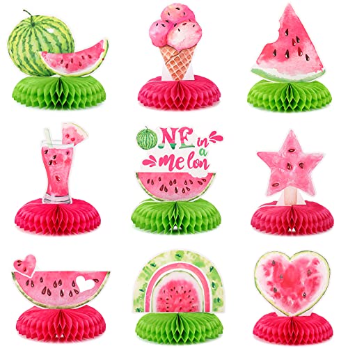 Sabary 9 Pcs Watermelon Party Decorations One in a Melon Birthday Party Decorations 1st Watermelon Honeycomb Centerpieces Summer Fruit Decor for Birthday Baby Shower - Image 1