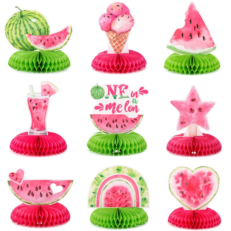 Sabary 9 Pcs Watermelon Party Decorations One in a Melon Birthday Party Decorations 1st Watermelon Honeycomb Centerpieces Summer Fruit Decor for Birthday Baby Shower - Image 3