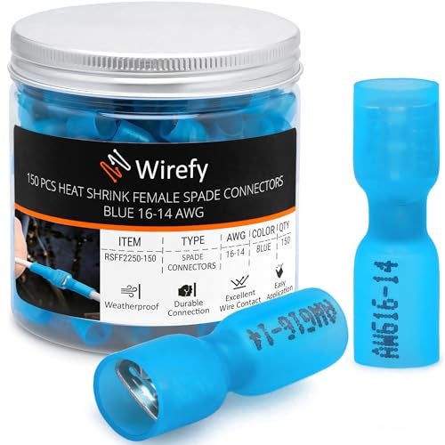 Wirefy موصلات سلكية وايرفي 150 قطعة - موصل سلكي أنثوي مع انكماش حراري - موصلات سلكية سريعة الفصل - أطراف سلكية كهربائية - موصل سلكي أنثوي 16-14 قياس | موصلات سلكية زرقاء - Image 1