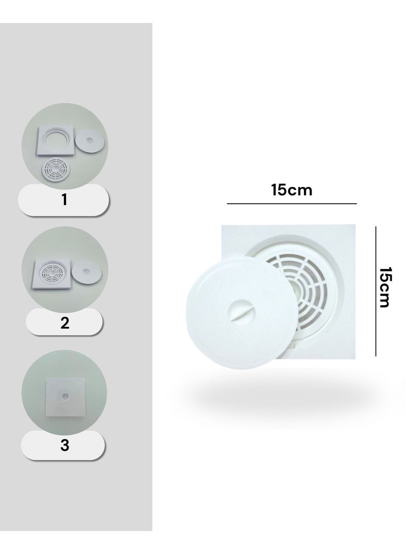 Plastic Floor Drain – Flat Tile Insert Drain with Anti-Clog Strainer, Secure Lid & Hygienic Surface – Ideal for Bathrooms, Kitchens, Showers & Outdoor Use 15 x 15cm White - Image 2