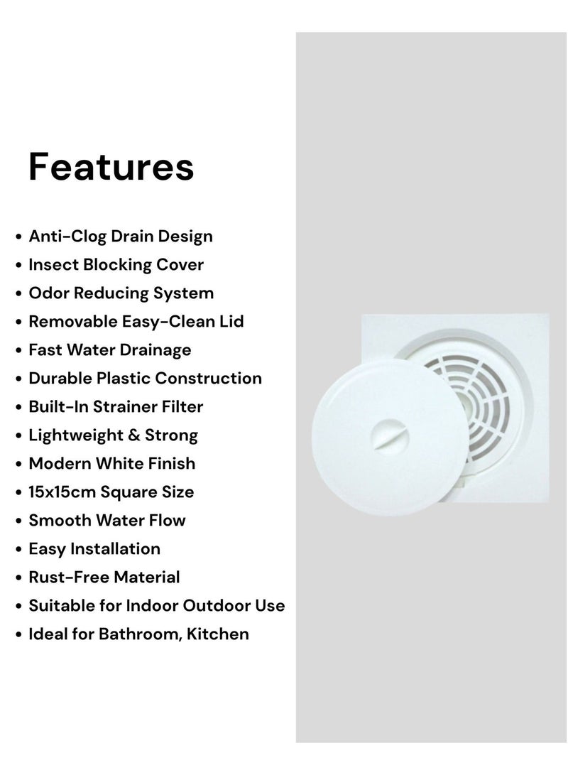 Plastic Floor Drain – Flat Tile Insert Drain with Anti-Clog Strainer, Secure Lid & Hygienic Surface – Ideal for Bathrooms, Kitchens, Showers & Outdoor Use 15 x 15cm White - Image 3