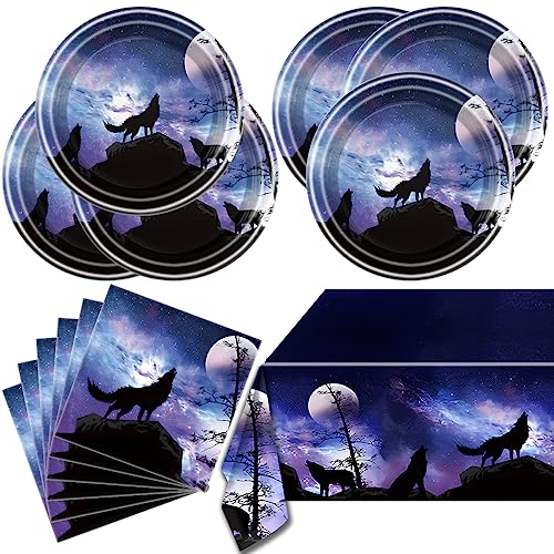 OULUN Wolf Birthday Party Tableware Set20 Plates and 20 Napkins and Tablecloth 86 x 51 Wolf Animal Party Decorate Supplies - Image 1