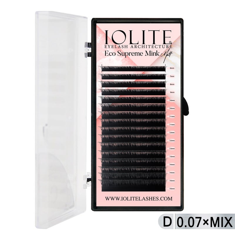 Iolite Eco Supreme Mink Matt Lash Extension Tray D – Curl – 0.07T (6mm–15mm) – Matt Finish, Premium Eco-Friendly Eyelashes for Lash Artists ISMMD7T - Mix1