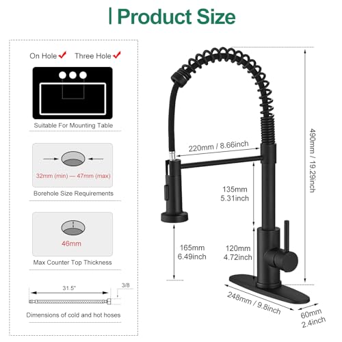 VOTON Black Kitchen Faucet with Pull Down Sprayer Pull Out Kitchen Sink Faucet Stainless Steel Commercial Spring Farmhouse faucets for Kichen Sink Camper Laundry Utility Rv Bar Sink Faucet - Image 5