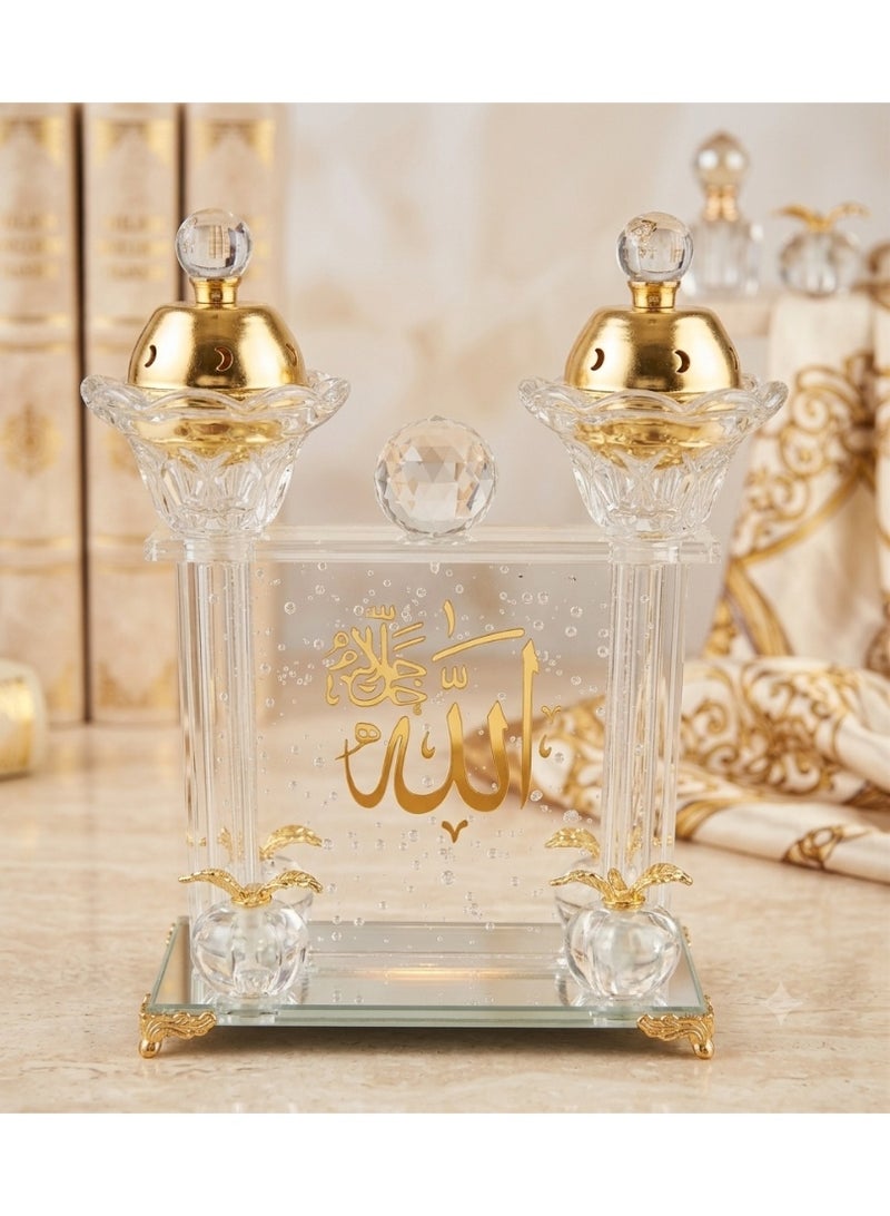 A luxurious double acrylic incense burner with an Islamic design, adorned with the gilded phrase "Allah, the Most High" – a modern incense holder set with a mirrored base and gold lid, perfect for home decor, majlis (sitting rooms), and special occasions. - Image 2