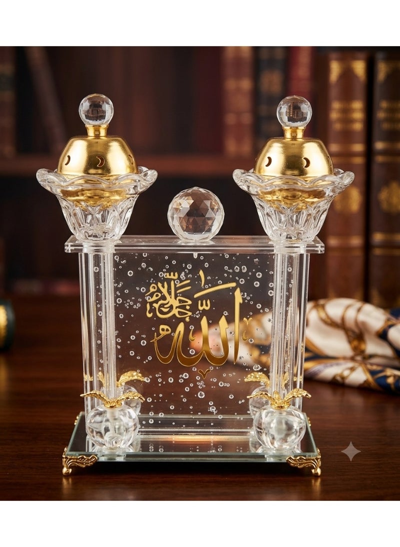 A luxurious double acrylic incense burner with an Islamic design, adorned with the gilded phrase "Allah, the Most High" – a modern incense holder set with a mirrored base and gold lid, perfect for home decor, majlis (sitting rooms), and special occasions. - Image 3