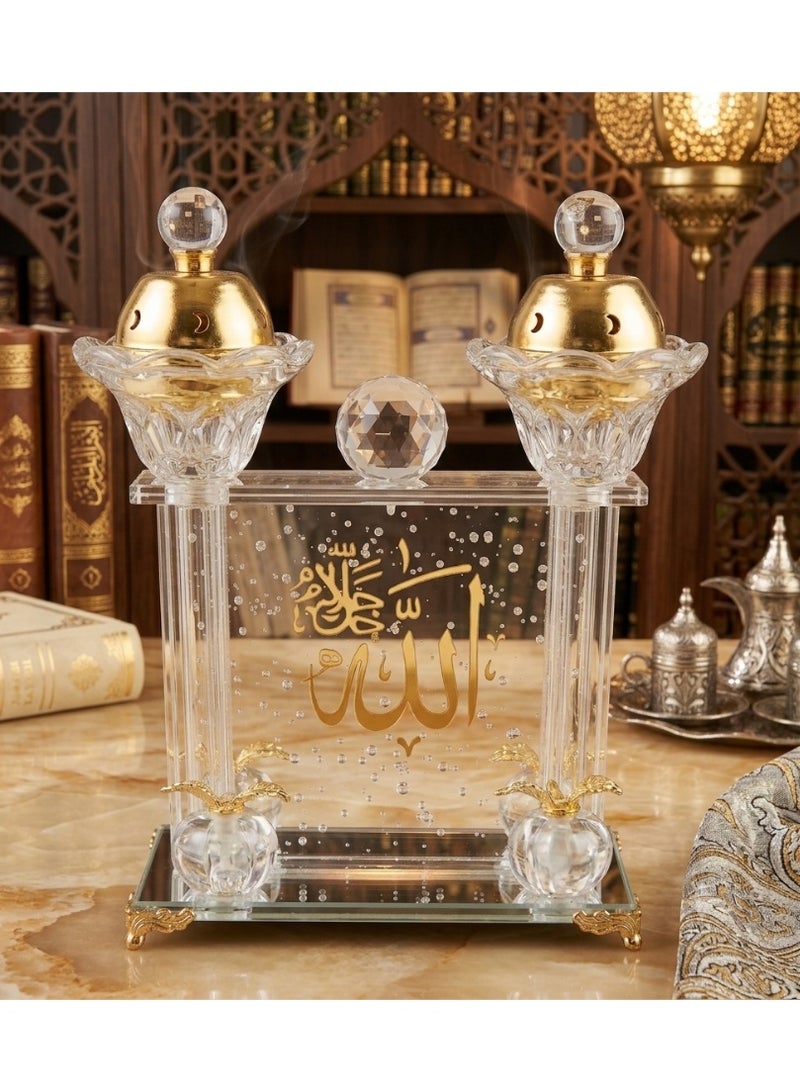 A luxurious double acrylic incense burner with an Islamic design, adorned with the gilded phrase "Allah, the Most High" – a modern incense holder set with a mirrored base and gold lid, perfect for home decor, majlis (sitting rooms), and special occasions. - Image 1