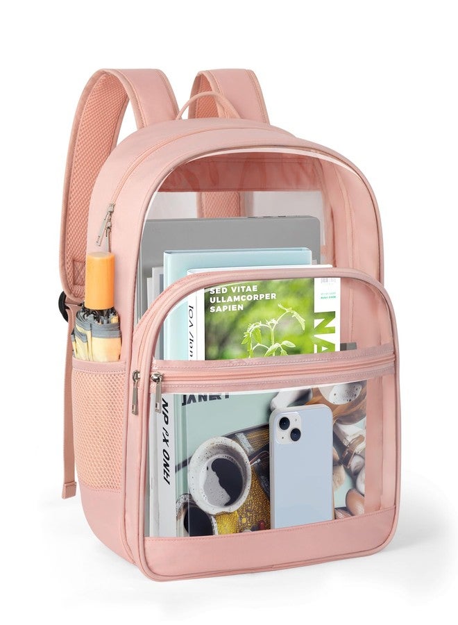 KIMNERPU Clear Backpack, Heavy Duty Transparent Bookbag for School, Fabric & PVC Transparent Backpack with Reinforced Strap for Women Men, Large Capacity Clear bag for College, Travel, Security, Pink - Image 1