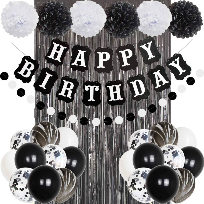 ANSOMO Black and White Happy Birthday Party Decorations 30 Pcs Balloons Banner Foil Fringe Curtains for Men Women - Image 2