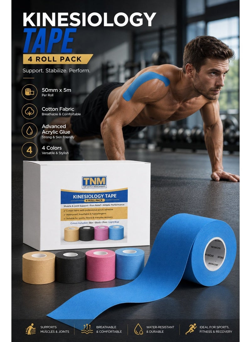 TNM TOP-NOTCH MERCHANDISE TNM Kinesiology Tape 4 Roll Pack (5cm x 5m Each) Waterproof Athletic Sports Tape for Muscle Support, Pain Relief, Injury Recovery, Elastic Physio Tape for Knee, Shoulder, Back, Ankle, Elbow & Wrist - Image 1