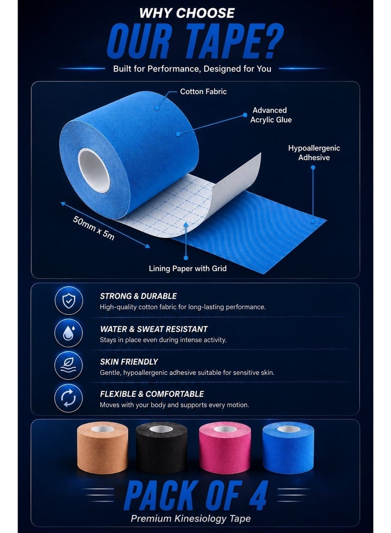 TNM TOP-NOTCH MERCHANDISE TNM Kinesiology Tape 4 Roll Pack (5cm x 5m Each) Waterproof Athletic Sports Tape for Muscle Support, Pain Relief, Injury Recovery, Elastic Physio Tape for Knee, Shoulder, Back, Ankle, Elbow & Wrist - Image 4