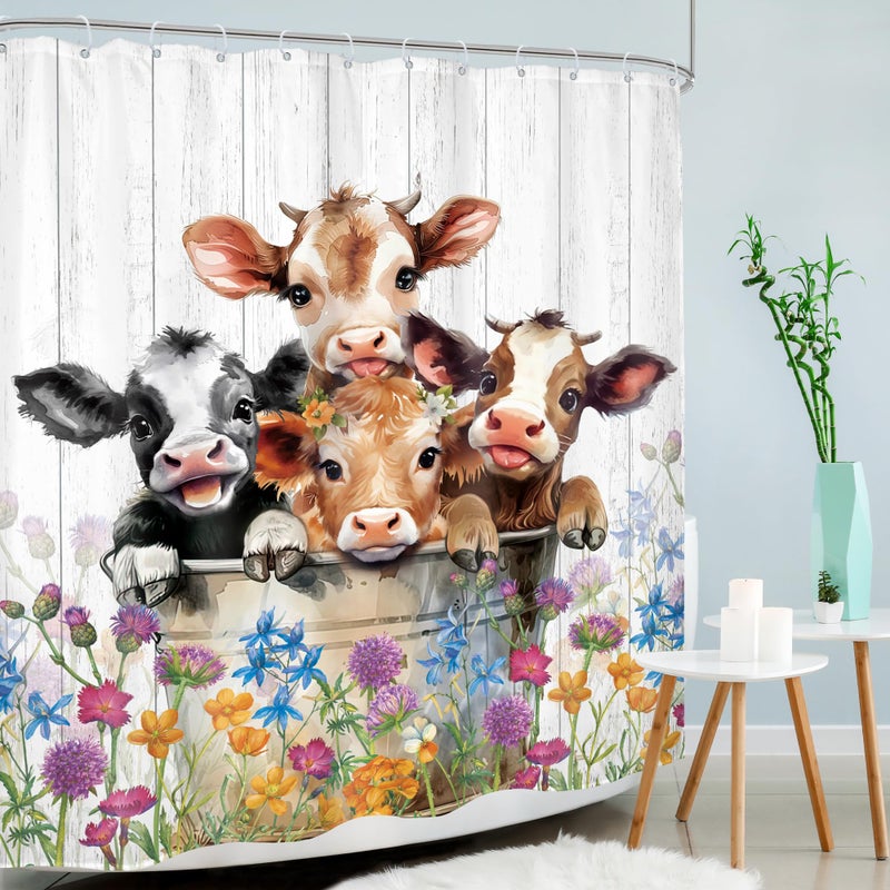 Mitpok Farm Highland Cow Shower Curtain 60Wx72H Funny Western Farmhouse Cute Cattle Bull Animal Rustic Floral Wildflower Plant Bathroom Decor Country Wood Bath Curtain Fabric Polyester 12 Pack Hooks - Image 2