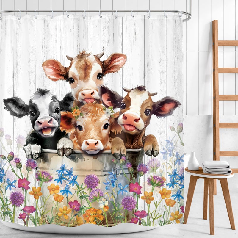 Mitpok Farm Highland Cow Shower Curtain 60Wx72H Funny Western Farmhouse Cute Cattle Bull Animal Rustic Floral Wildflower Plant Bathroom Decor Country Wood Bath Curtain Fabric Polyester 12 Pack Hooks - Image 1