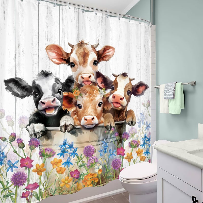 Mitpok Farm Highland Cow Shower Curtain 60Wx72H Funny Western Farmhouse Cute Cattle Bull Animal Rustic Floral Wildflower Plant Bathroom Decor Country Wood Bath Curtain Fabric Polyester 12 Pack Hooks - Image 3