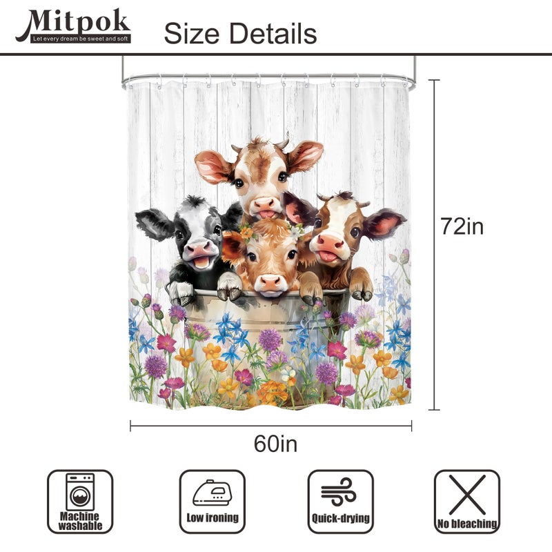 Mitpok Farm Highland Cow Shower Curtain 60Wx72H Funny Western Farmhouse Cute Cattle Bull Animal Rustic Floral Wildflower Plant Bathroom Decor Country Wood Bath Curtain Fabric Polyester 12 Pack Hooks - Image 4