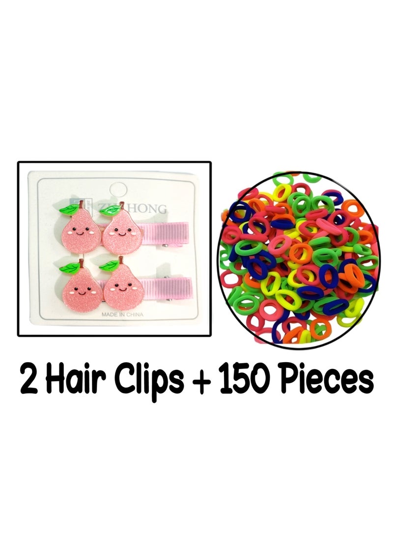 Set of 150 Girly colorful elastic hair bobbles ties and 2 hair clips - Image 1