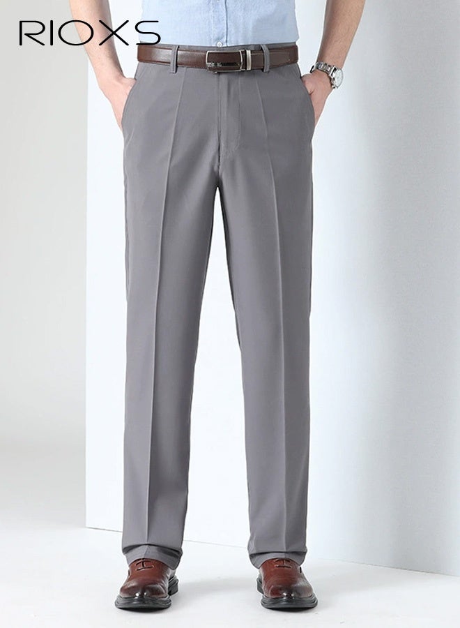 RIOXS Men's Dress Pants, Quick Dry Classic Fit Pleated Front Formal Pants for Men, Beathable Flat Front Wrinkle Free Casual Business Pants with Pockets, Comfort Stretch Expandable Waist Suit Pants for Work, Meeting, Dating, Prom, Wedding and More, Deep Grey - Image 1