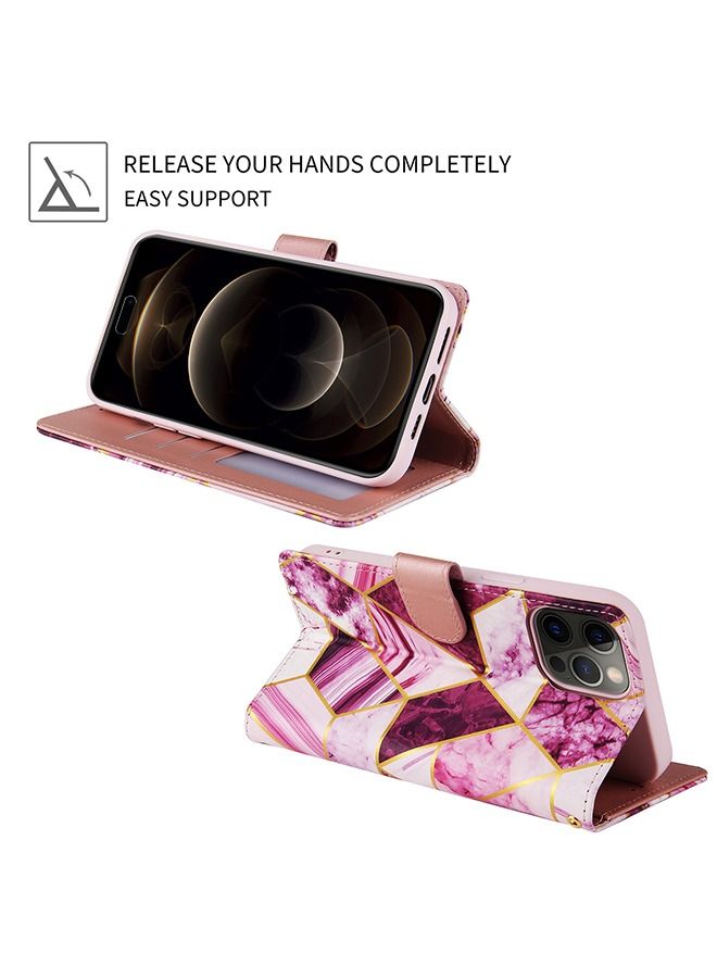 iPhone 14 Pro Max Mobile Case Cover with Premium PU Leather Geometric Marble Pattern Wallet Back Cover with Detachable Wrist Strap Magnetic Closure Shockproof Marble Flip Protector - Purple