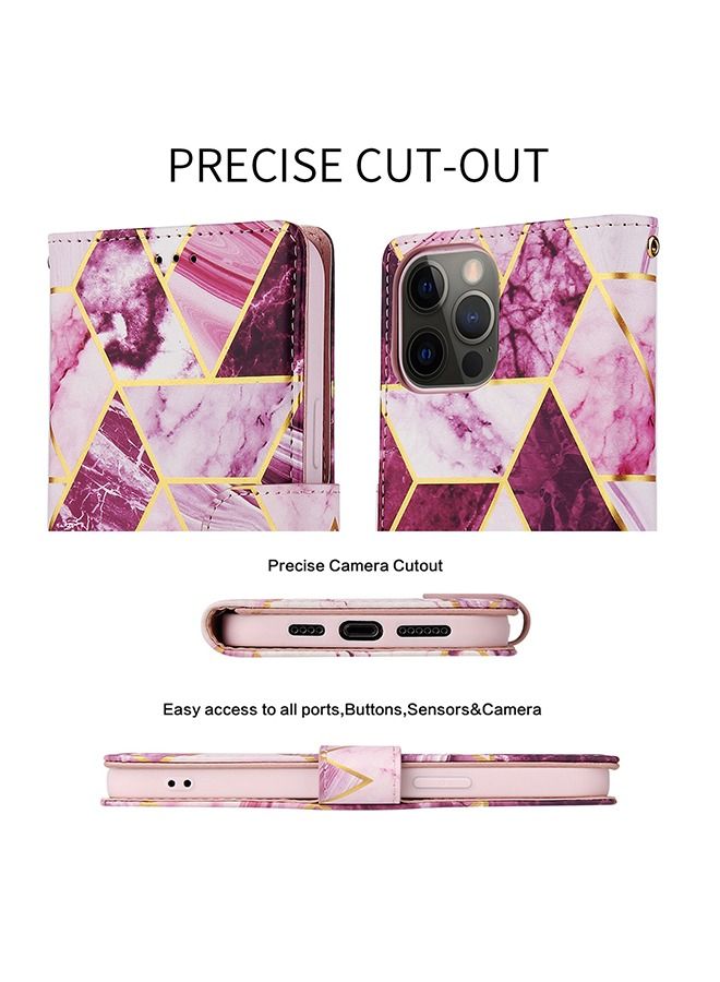 iPhone 14 Pro Max Mobile Case Cover with Premium PU Leather Geometric Marble Pattern Wallet Back Cover with Detachable Wrist Strap Magnetic Closure Shockproof Marble Flip Protector - Purple