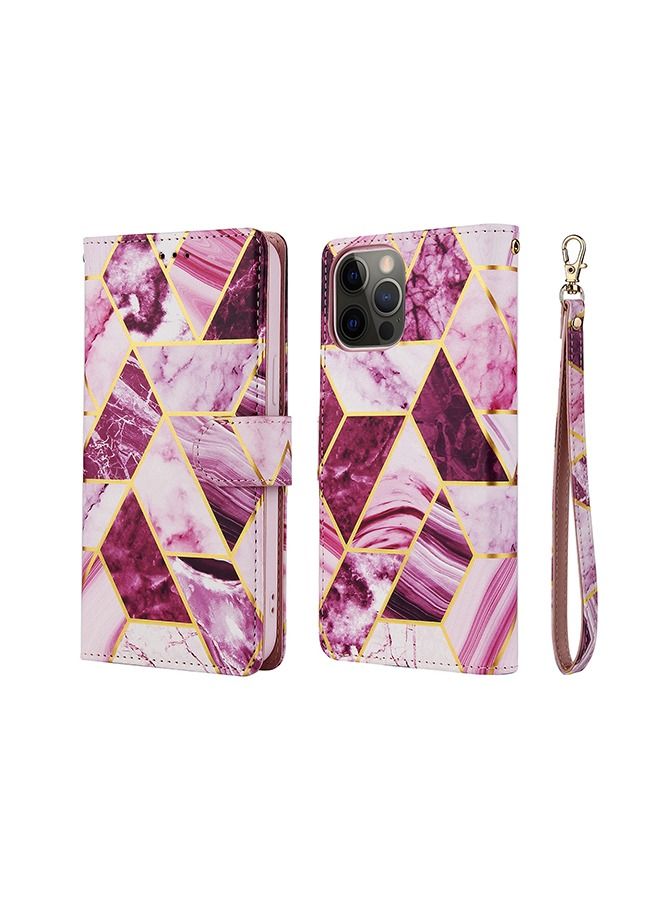 iPhone 14 Pro Max Mobile Case Cover with Premium PU Leather Geometric Marble Pattern Wallet Back Cover with Detachable Wrist Strap Magnetic Closure Shockproof Marble Flip Protector - Purple