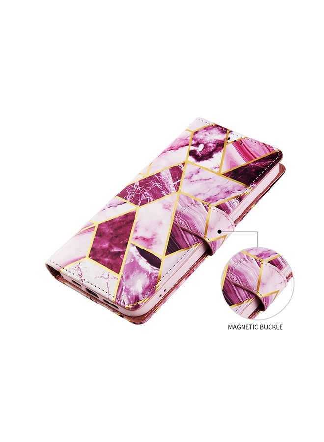 iPhone 14 Pro Max Mobile Case Cover with Premium PU Leather Geometric Marble Pattern Wallet Back Cover with Detachable Wrist Strap Magnetic Closure Shockproof Marble Flip Protector - Purple