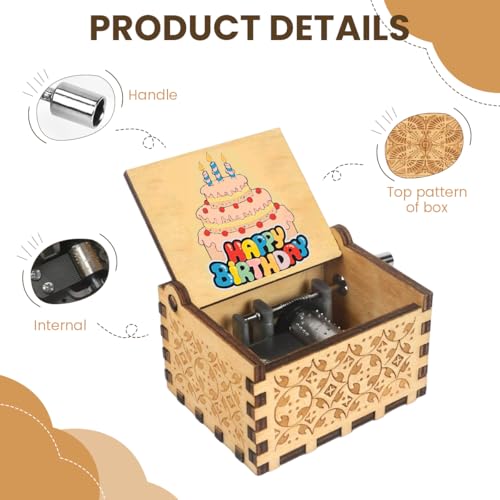 PATPAT® Retro Wooden Hand Crank Music Box Desk Decor, Nostalgic Happy Birthday Melody Music Box, Flip-up Lid & Engraved Floral Pattern, Happy Birthday Gift for Kids - Image 5