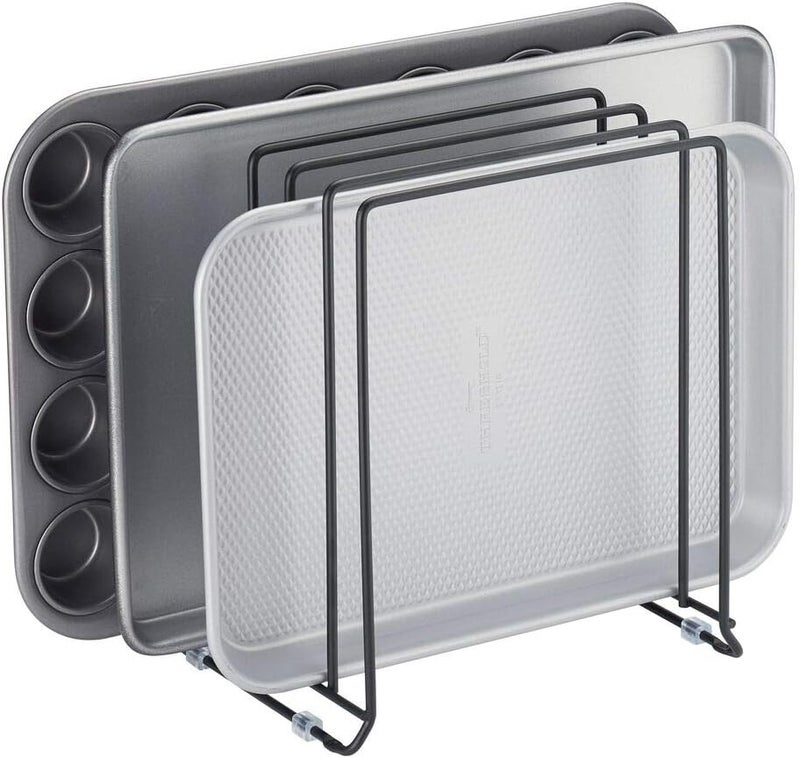m-design Pot Lid and Pan Rack — Metal Wire Rack for Cabinets, Pantries or Kitchen Surfaces — Freestanding Pan Stand with 5 Slots for Pans, Pots, Lids and Crockery — Black - Image 1