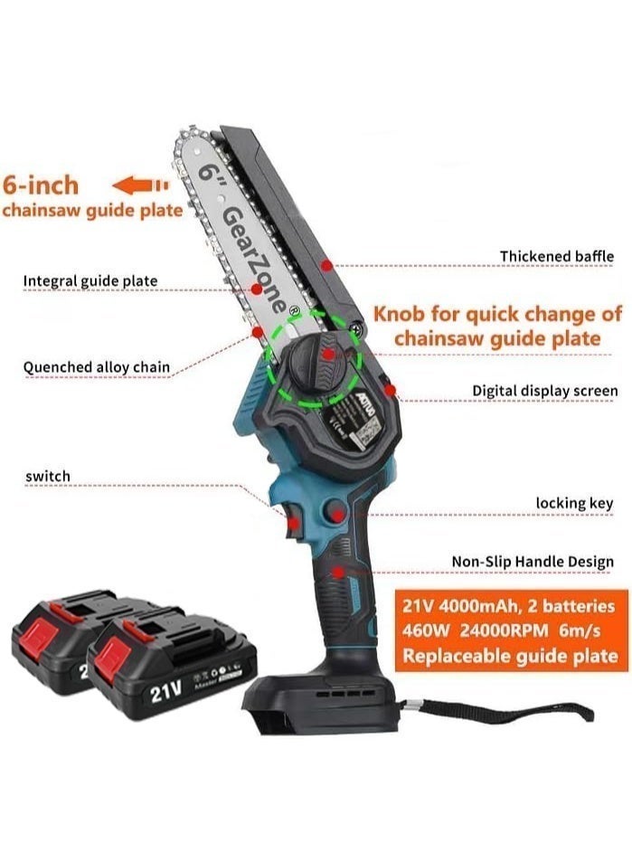 او تو او منشار AOTUO اللاسلكي الصغير مقاس 6 بوصات - مناسب للبستانيين. منشار يدوي قوي وقابل لإعادة الشحن، مزود بقفل أمان ونظام تزييت تلقائي. منشار كهربائي صغير يعمل بالبطارية، مناسب لقطع الأخشاب والأشجار. - Image 2