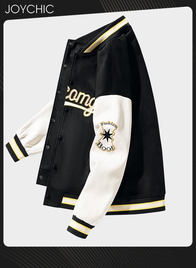 Joychic Spring Autumn and Winter Trendy Versatile Letter Embroidered Color-Blocked Baseball Jacket Warm Windproof Uniform Coat for Men  - Image 3