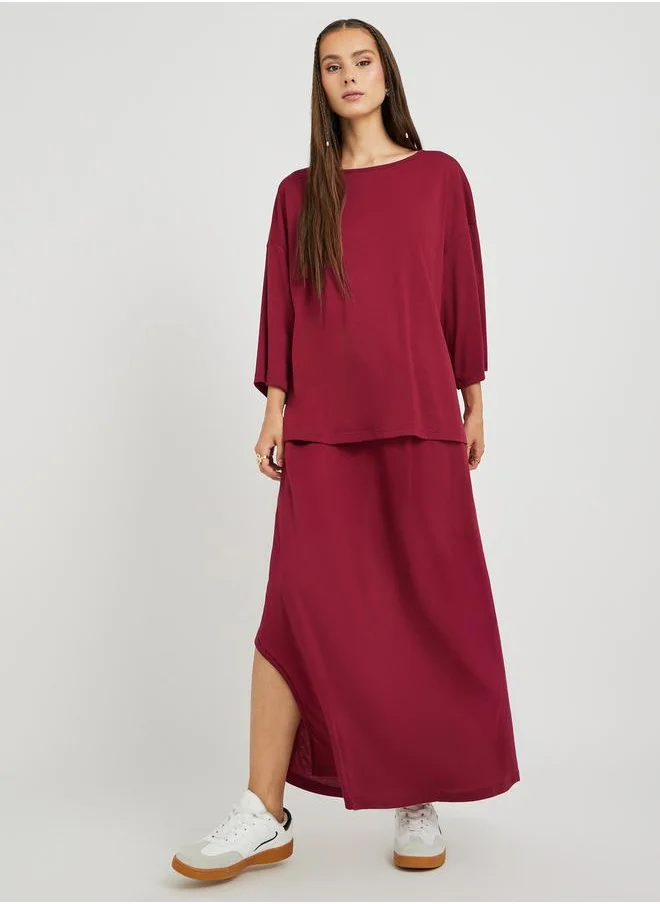 Take Two Take Two Solid Long Sleeve Top and Side Slit Midi Skirt Co-Ords