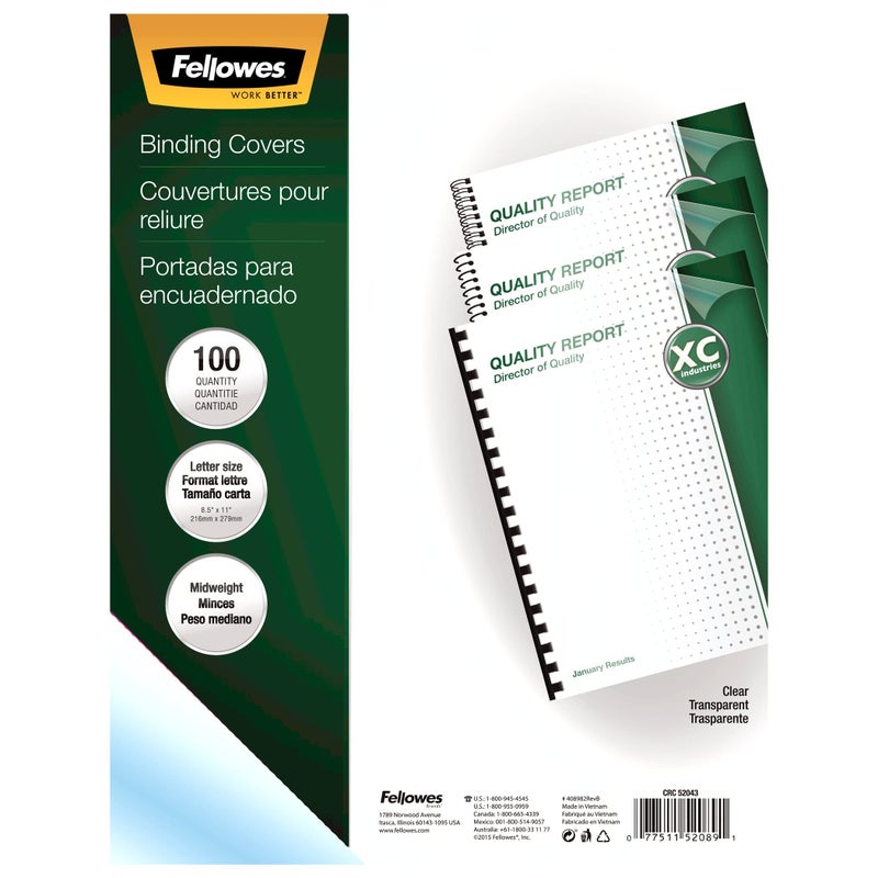 Fellowes 52089 Binding Presentation Covers 8mil Letter 100 Pack Clear