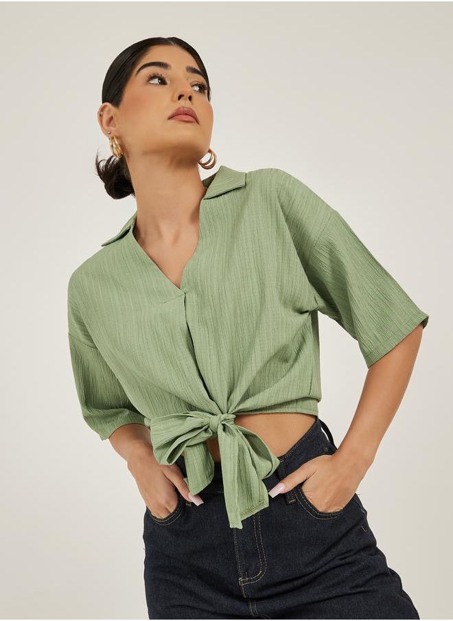 Styli - Textured V-Neck Tie-Up Detail Top - Image 1