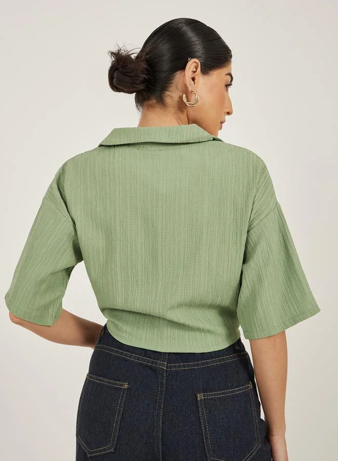 Styli Textured V-Neck Tie-Up Detail Top